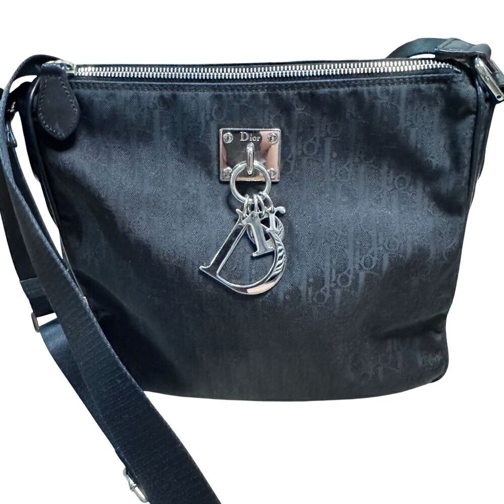 Christian Dior Vintage Lovely Trotter Monogram Canvas Shoulder Bag Black Silver